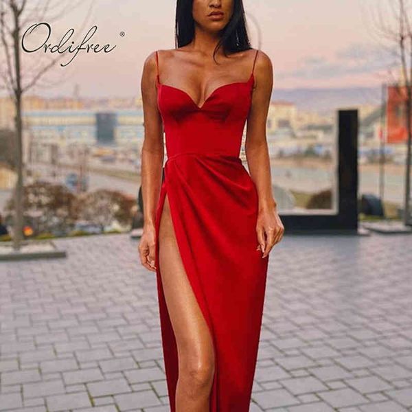 

summer women party spaghetti strap silk red black split long satin dress 210415, Black;gray