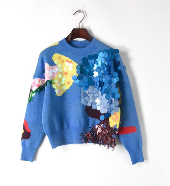 

1012 2020 Autumn Sweater Pullover Long Sleeve Crew Neck Print Brand Same Style BLue Sequins Prom Fashion Luxury Womens Clothes DL, White;black