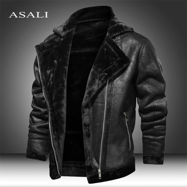 

homme pu winter motorcycle jacket motorcycle leather jacket warm plus velvet thick retro vintage leisure mens leather 211119, Black
