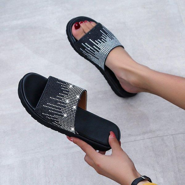 

slippers women summer slip on wedge ladies crystal bling casual sandals woman platform fashion outdoor shoes female slipper, Black