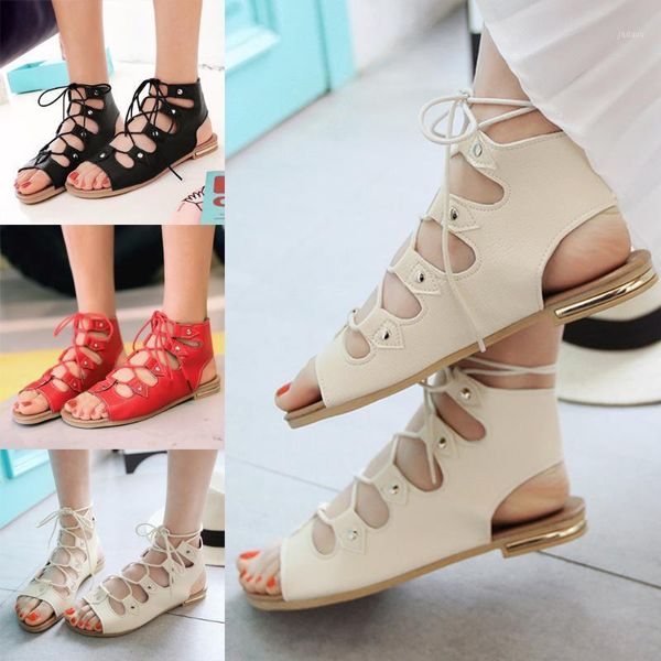 

sandals women open-toe roman shoes summer flat lace-up fashion female casual comfort beach plus size m140#1, Black