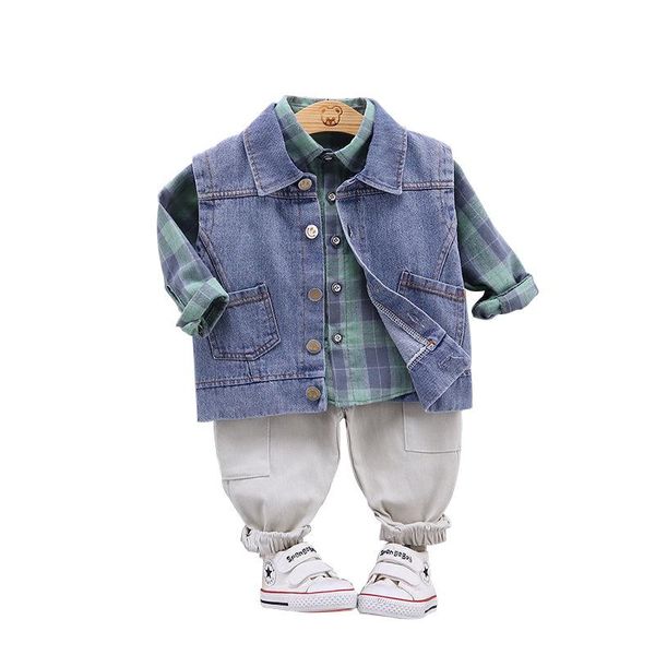 

clothing sets spring autumn fashion kids cotton clothes baby boy girls plaid shirts denim vest pants 3pcs/sets out children toddler tracksui, White