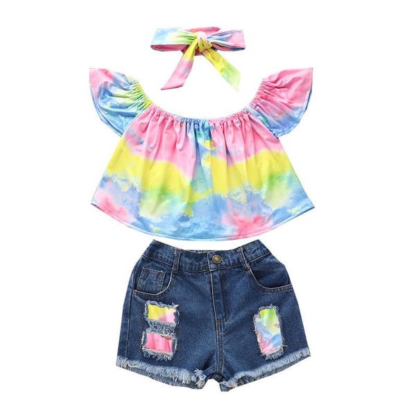 

clothing sets 1-6y kid girls 3 pcs outfits suits off shoulder sleeve tie dye +ripped denim shorts+headband summer children, White