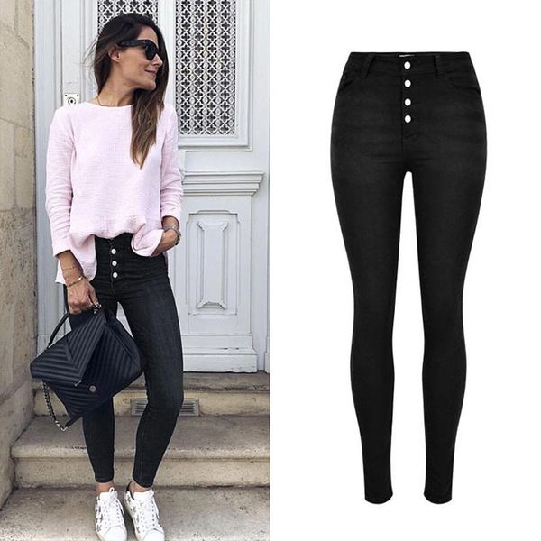 

women's jeans 2021 women black fashion high wasit single button pencil slim skinny denim pants, Blue