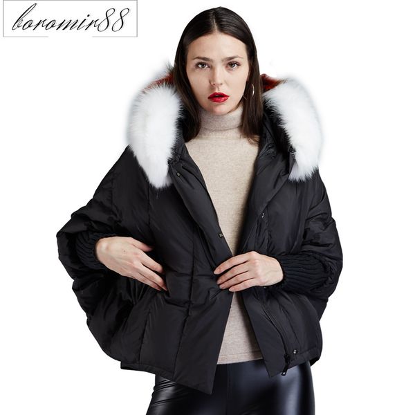 

evafredom outer single cloak coat loose short raccoon dog large fur collar women's down jacket, Black