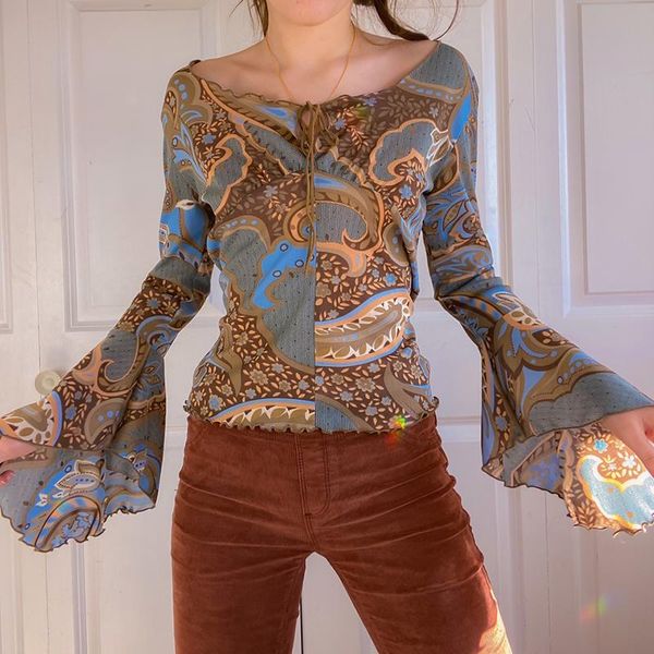 

women's t-shirt vintage mesh women y2k flare sleeve t shirts indie aesthetic v-neck bandage clothing tee 90s streetwear grunge clothes, White