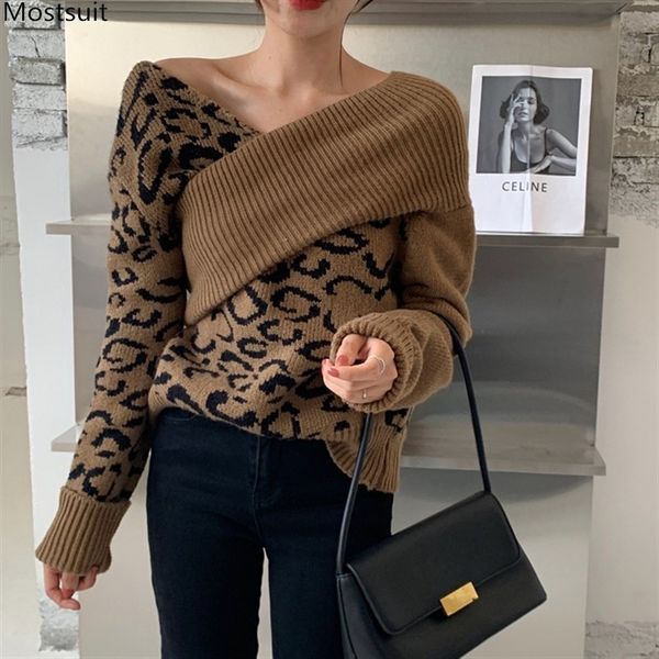 

autumn winter women sweater ladies jumper korean joker leopard loose turtleneck off the shoulder knitted pullover 210518, White;black