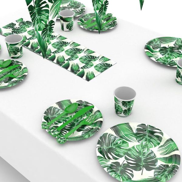 

disposable dinnerware hawaii luau party tableware set tropical green palm leaf paper cup plate napkin banner decoration