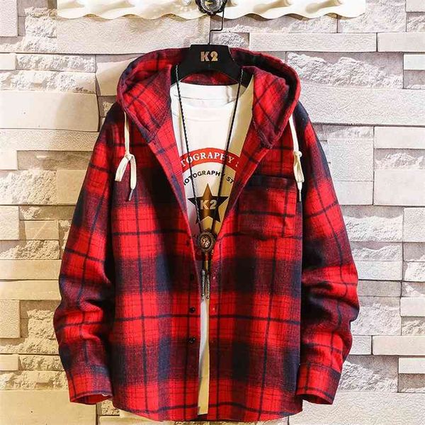 

casual brand with hooded plaid shirt men's fleece red shirts long sleeves spring autumn plus oversize -6xl 210714, White;black