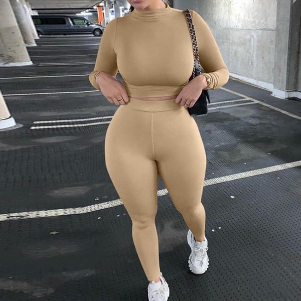 

spring summer women sport fitness 2 two piece set outfits long sleeve crop tshirt leggings pants bodycon tracksuit women's, Black