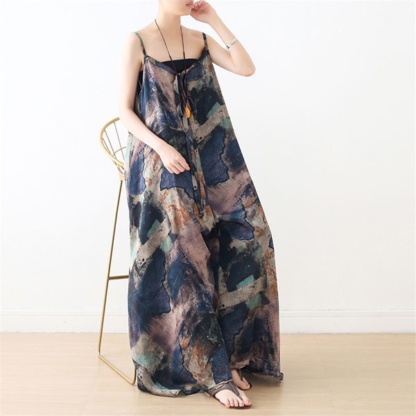 Johnature Mulheres Verão Chiffon Jumpsuits Imprimir Floral Vintage Sem Mangas Plus Size Mulheres Roupas Beach Style Macossuites 210521