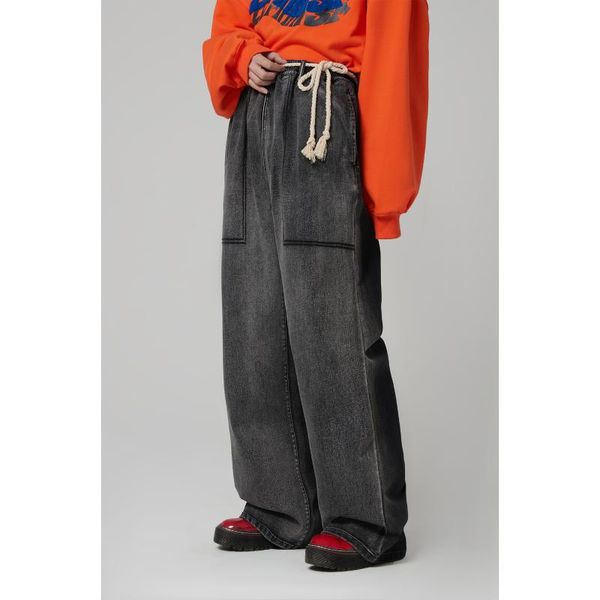 

men's jeans fashion brand original design retro washed belt straight tube loose mop, Blue