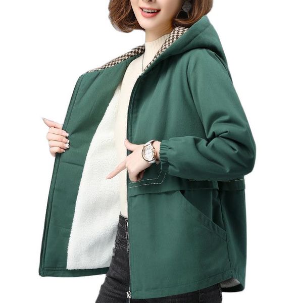 

women's trench coats autumn winter plus velvet windbreaker nice korean loose hooded short thicken warm coat female jacket women, Tan;black