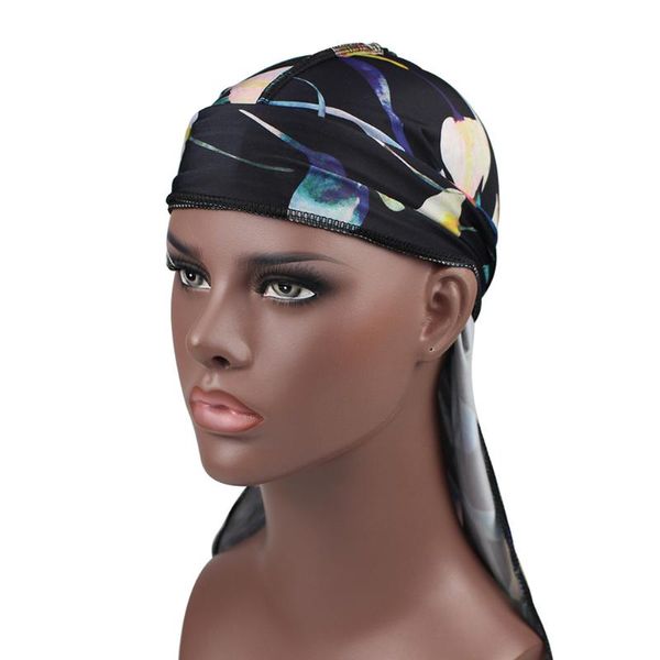 

scarves silky durag women flower print headwear bandana hat du rag long tail headwrap 2021 high elastic spandex turban, Blue;gray