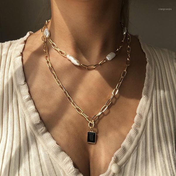 Multilayer cristal preto quadrado pingente colares para mulheres charme vintage pérola gargantilha colar bohemian corpo jóias exibir coradores