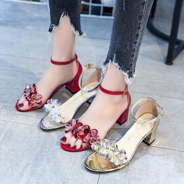 

retro woman shoes luxury sandals block heels 2021 summer suit female beige buckle strap original fashion chunky rhinestone high, Black