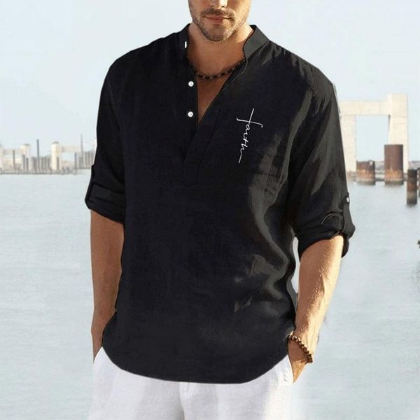 

men's casual shirts long sleeve shirt linen men clothing 2021 summer letter print pullover single-breasted mens blouse, White;black