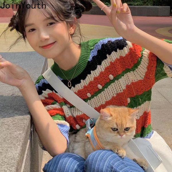 

joinyouth rainbow striped shirts for women chic knirred thin tshirts 2021 summer fashion tees loose casual sweet female women's t-shir, White
