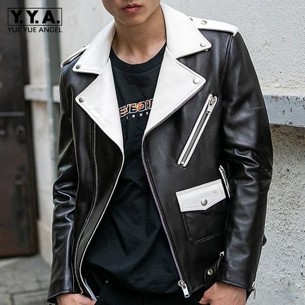 

designer biker jacket men classic slim genuine leather sheepskin coat streetwear lapel motorcycle cargo jackets outerwear men's & faux, Black