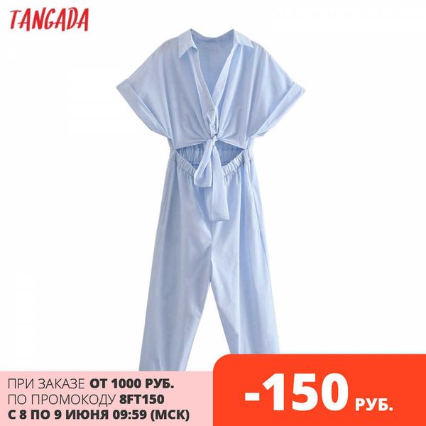 

tangada women summer blue cotton jumpsuit bow short sleeve pocket waist hollow female casual jumpsuit 5z126 210609, Black;white