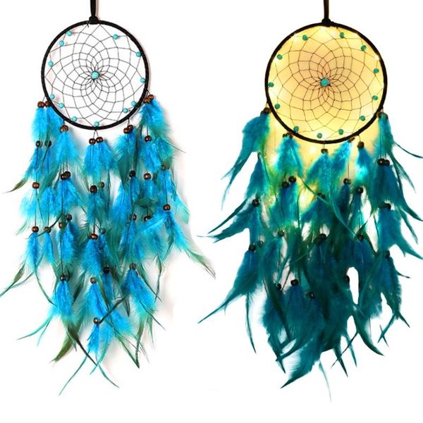 

decorative objects & figurines creative blue feather dream catcher wind chime with led lights handmade wall hanging circular pendant home be