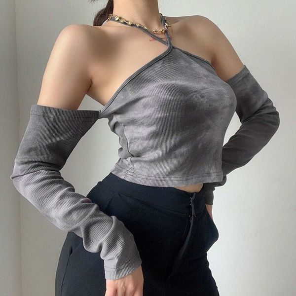 

women's t-shirt woman tie-dye short base halter collar long sleeve falbala bare midriff lace-up fashionable retro slim #t1g, White