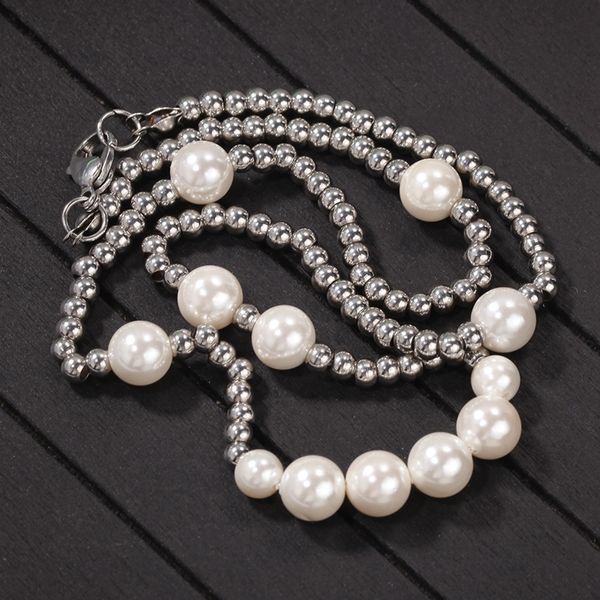 

fashion mens pearl necklace hip hop stainless steel ball beaded jewelry clavicle chain necklaces, Silver
