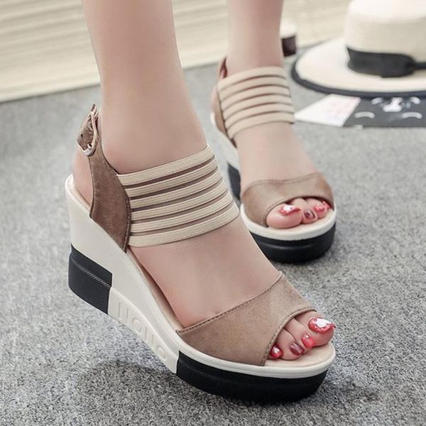 

roman style women sandals soft platform summer beach open toe wedge shoes ladies buckle straps plus size dress, Black