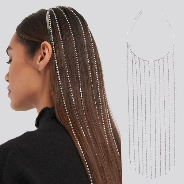

stonefans fashion long tassel headband hoop rhinestone for women bridal crystal head chain tiara hair jewelry, Slivery;golden
