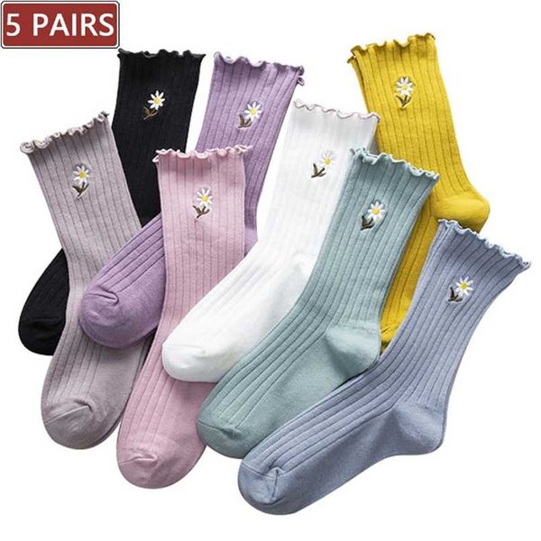 5 pares Mulheres felizes bruta frilly meias preto branco bonito flor bordado meias na moda outono inverno cor sólida cor meias de algodão 211204