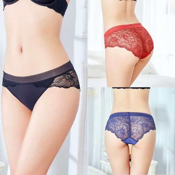 

low waist lace women's underwear one piece ice silk traceless hip lifting briefs, Black;pink
