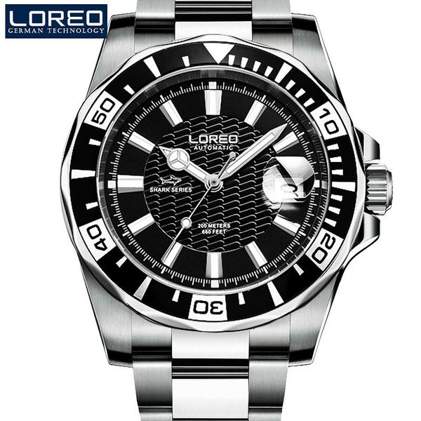 

diver watch brand loreo watches steel band automatic mechanical men waterproof 200m auto date luminous wristwatches, Slivery;brown