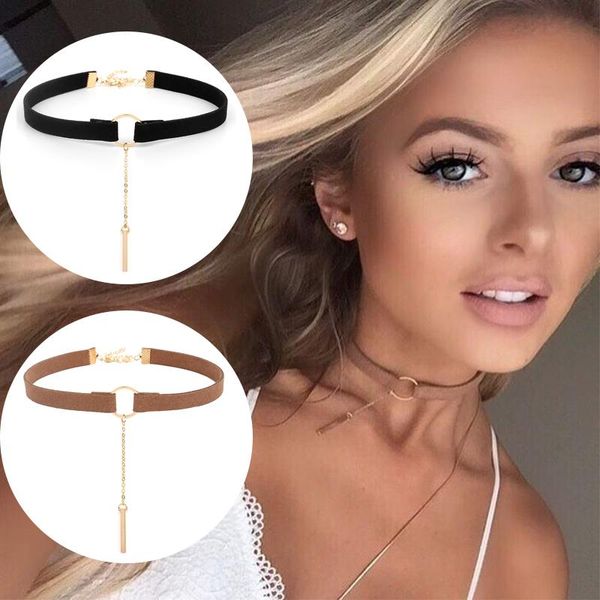 

chokers 90's punk leather choker necklaces gold color geometry with round pendant collar tassel clavicle chain fashion jewelry accessor, Golden;silver
