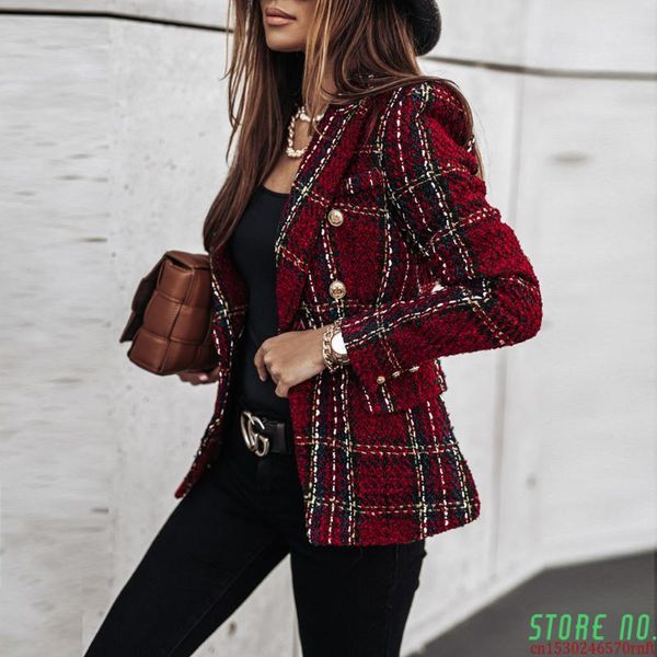 

women's suits & blazers fashion autumn plaid printed women's blazer coats long sleeve slim fits outwear double-breasted short suit, White;black