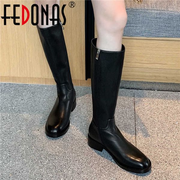 

side zipper women's autumn boots genuine leather knee high for women wide leg working casual shoes woman heels 210528, Black