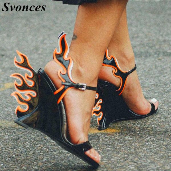 

fashion week fetish heels flame patent leather wedge sandals women street style high heel summer shoes large size 43, Black