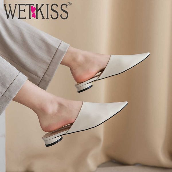 

wetkiss soft real leather mules shoes woman pointed toe chunky heels slippers women slides casual summer shoes female 210630, Black
