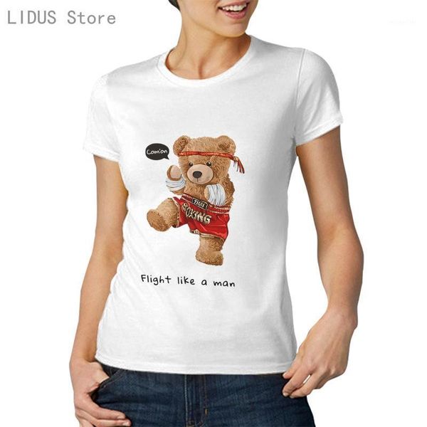 

fashion style pure cotton funny boxing bear pattern printing and fresh short sleeve casual tshirt woman t-shirt tee women's, White