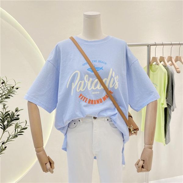 

women's short-sleeved t-shirt spring/summer 2021 korean style letter print loose half-sleeved ins fashion, White