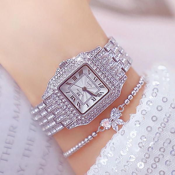 

wristwatches 2021 fashion roman number ladies wrist watches diamond square woman sliver quartz women, Slivery;brown