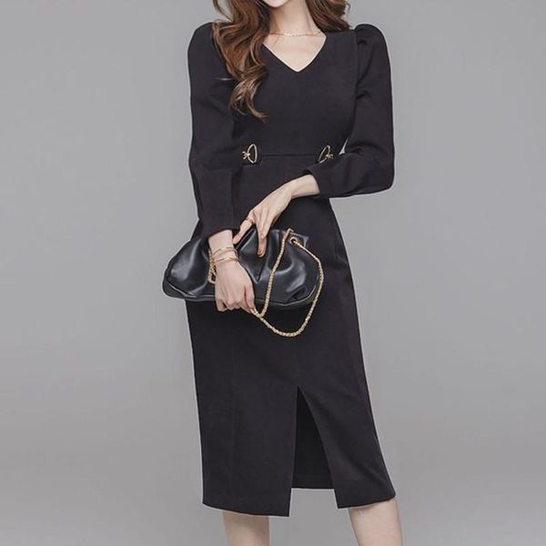 

autumn korean style patchwork eegant dress women v neck waist dresses long swing vestido casual, Black;gray