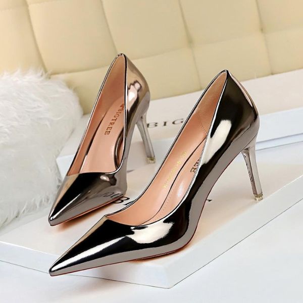 

dress shoes bigtree 2021 women pumps pu 7.5cm thin high heels pointed toe for office party shoe, Black
