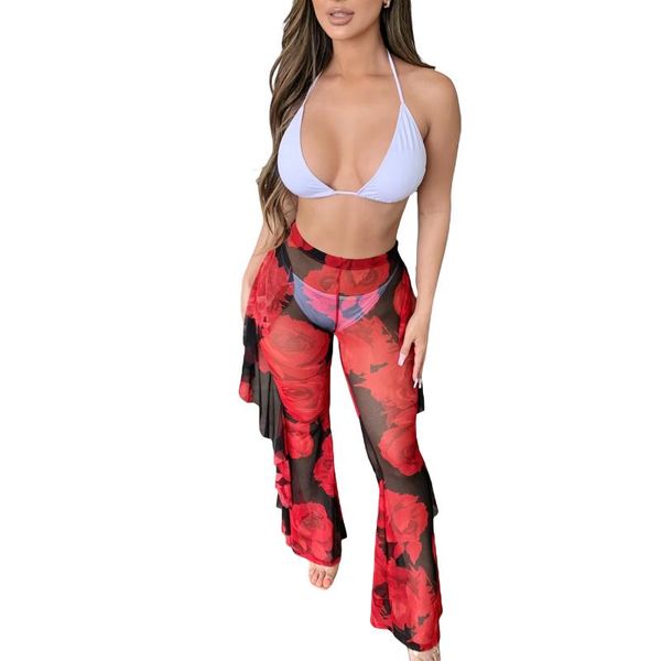 

women's swimwear women see-through bikini cover ups, floral print high waist long pants with ruffles for summer, White;black