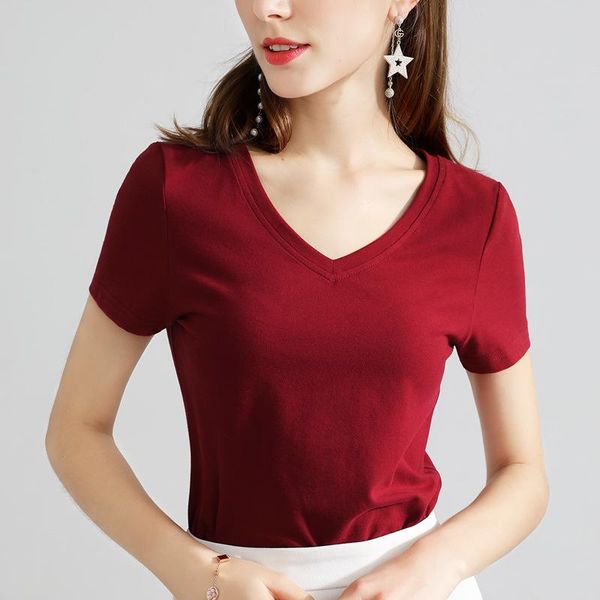 

women 2021 spring and summer ol fashion elegant cotton short sleeve t shirt solid color basic style simple v neck women's t-shirt, White