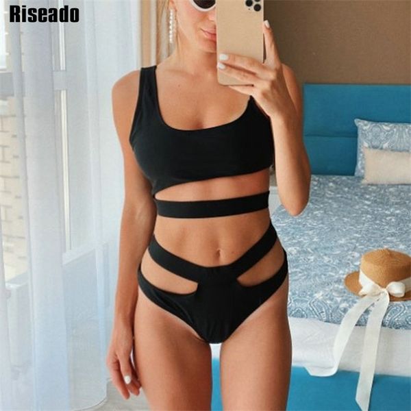 

riseado bikini set cut out swimwear women high waist swimwear strap bathing suits brazilian biquini black beach wear, White;black
