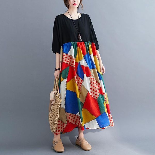 

casual dresses loose oversized plus size smock dress women 2021 fashion summer short sleeve multicolor plaid print maxi long, Black;gray
