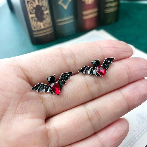 

gothic bat stud earrings for women men punk red crystal ancient silver color party gift wholesale jewelry vge013, Golden;silver