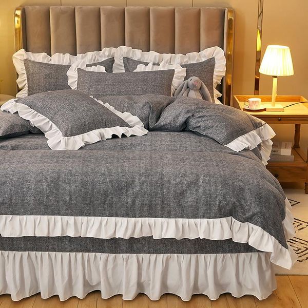 

bedding sets duvet cover set 4 pieces gray color ruffle bedclothes include bedskirt pillowcase comforter for kids and oceania