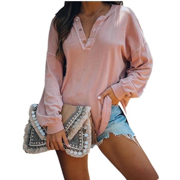 

women's t-shirt aprmhisy autumn solid tshirt women 2021 fashion button v-neck long sleeve casual office loose tees, White