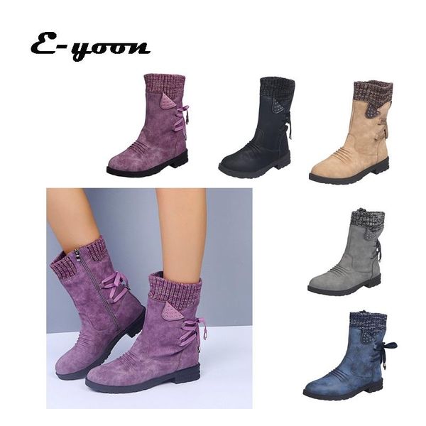 

boots 2021 winter shoes student mid-calf female zip solid color non slip snow women fashion knitting waterproof warm, Black
